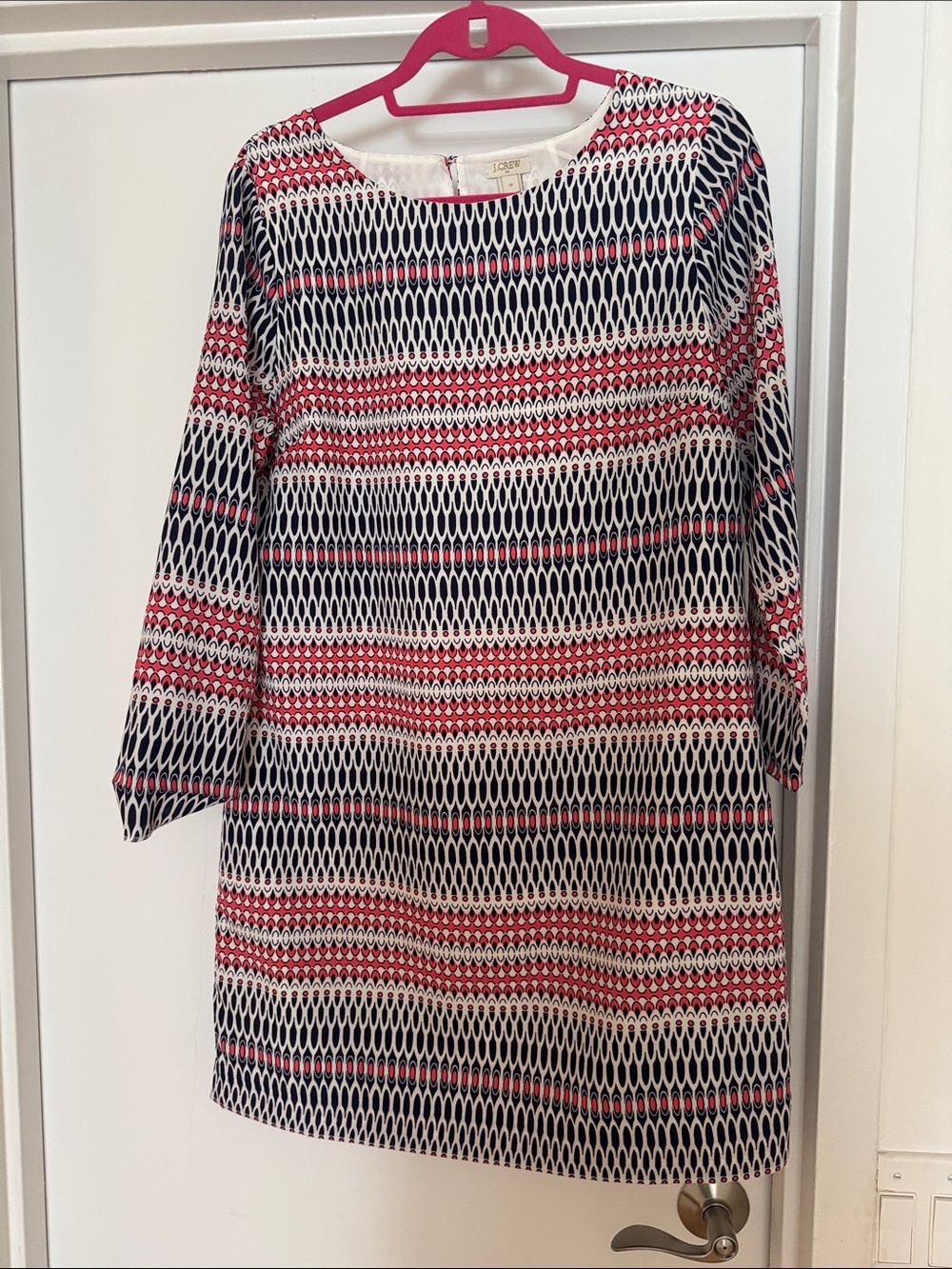 J. Crew Navy, White & Pink Geometric Shift Midi Dress